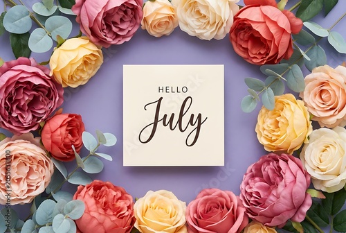 Hello july sign placed in center of elegant arrangement with variety of colorful blooming rose flowers and eucalyptus leaves arranged in circle frame on solid purple background texture.