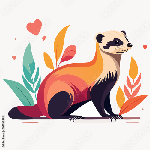 Stylized Ferret Illustration with Floral Elements