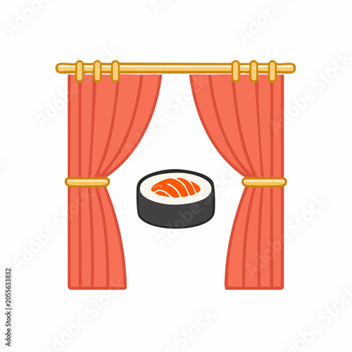 Sushi roll revealed behind red curtains