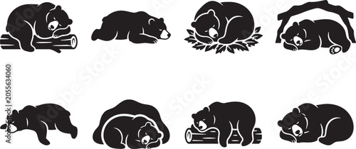 Foto Wild grizzly bears sleeping and hibernating comfortably inside cozy logs and cav