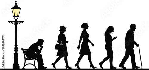 Bild auf Leinwand Silhouettes of human life stages from youth to old age with streetlamp and bench