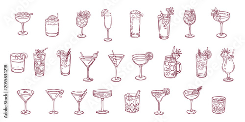 Big vector collection of hand-drawn signature cocktails and premium alcoholic drinks. Features  unique doodle icons including Margarita, Mojito, Martini, Bloody Mary, Aperol Spritz, Pina Colada, and