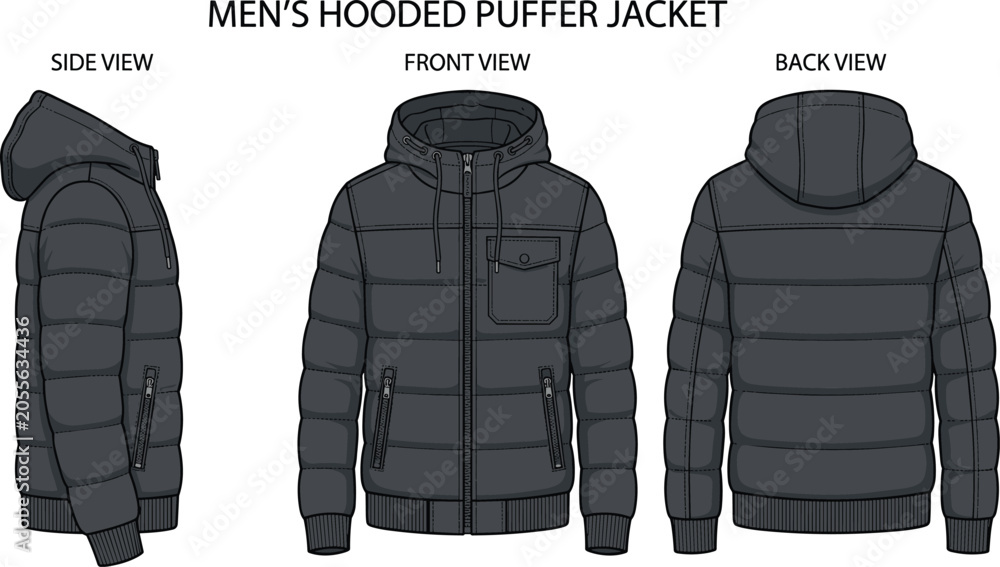 Naklejka premium Men's hooded puffer jacket front back side views technical drawing fashion illustration warm winter.