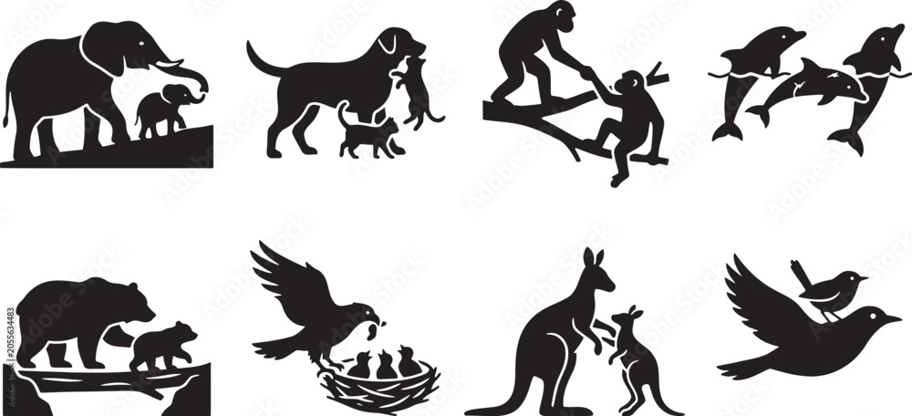 Fototapeta premium Caring wild animal parents helping, carrying, and feeding their precious young babies