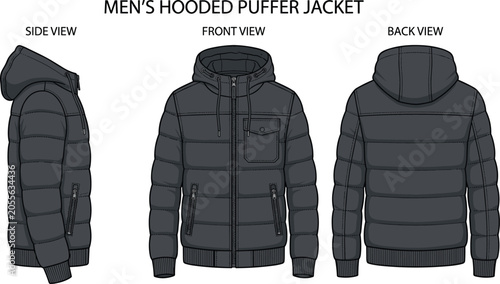 Foto Men's hooded puffer jacket front back side views technical drawing fashion illustration warm winter