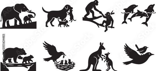 Canvas Print Caring wild animal parents helping, carrying, and feeding their precious young b