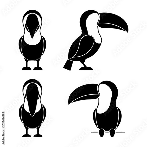 Four black silhouettes of a toucan bird shown from front, back and side views.