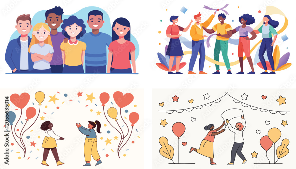 Fototapeta premium Happy family and friends celebrating with colorful balloons and joyful activities