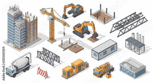 Bild auf Leinwand Isometric construction elements including buildings, crane, excavators, concrete mixer, and modular units for urban development projects