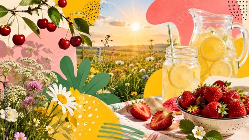 Summer Picnic Collage with Lemonade Berries Cherries and Flowers