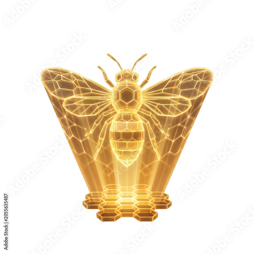 Golden honey bee hologram constructed from glowing geometric wireframe patterns against a clean white isolated background