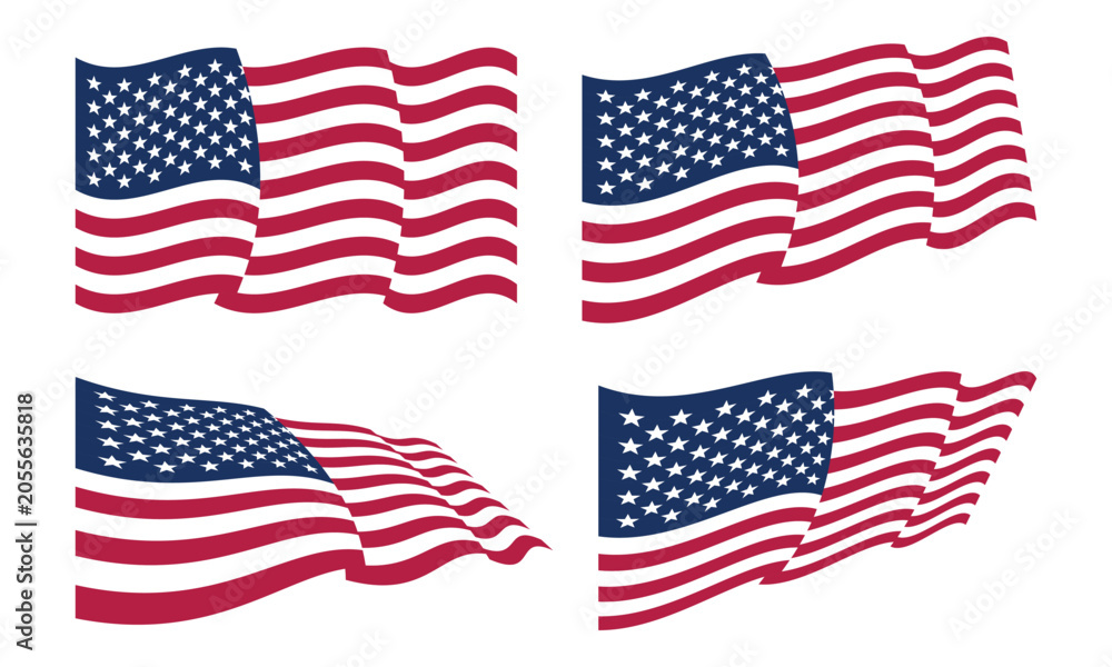 Fototapeta premium Waving American flag icon symbolizing freedom and patriotism. National wavy vector flag of the United States on white background.