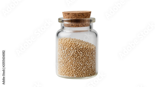 Small glass jar with cork stopper filled with quinoa seeds, isolated on transparent background