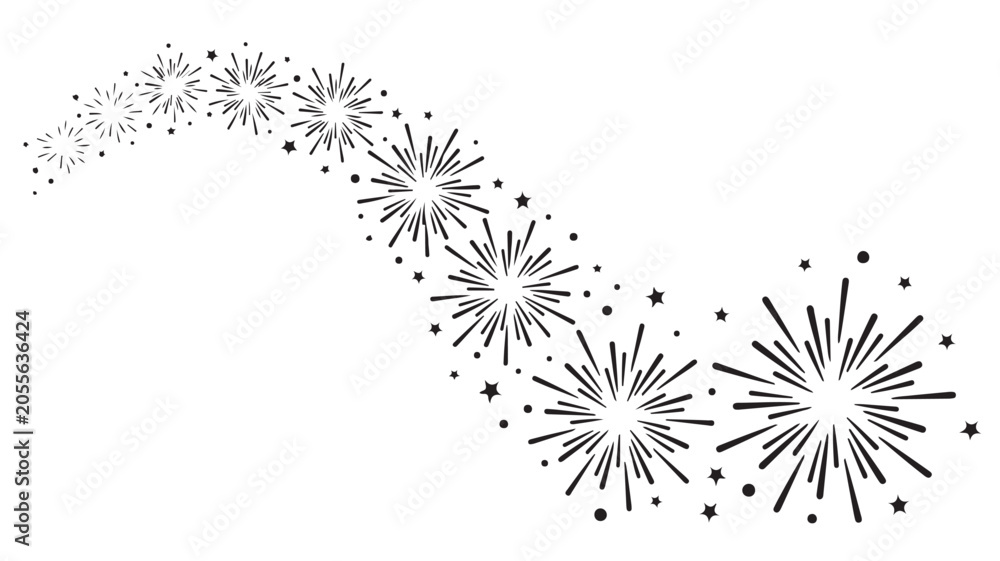 Obraz premium Sparkling firework burst trail vector, black line art starburst explosion path, festive celebration fireworks display on white background