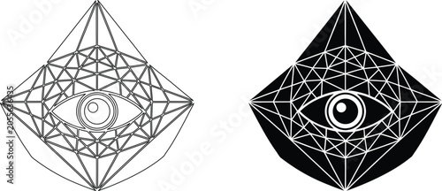 Fotografia Abstract eye symbol enclosed in triangular geometric frame represented as linear wireframe and solid black shape design