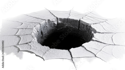 Deep dark abyss hole with cracked icy surface, isolated on transparent background