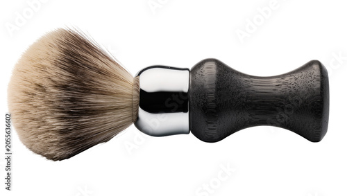 Foto Dark wood shaving brush with chrome ferrule and badger bristles, isolated on tra