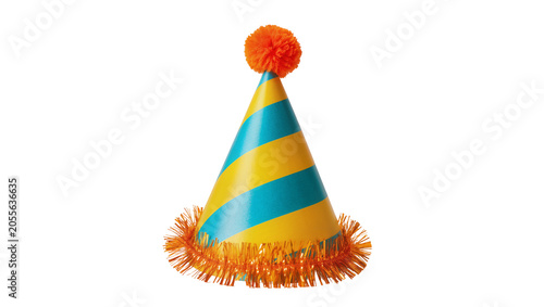 Yellow and teal striped party hat with orange pompom and fringe, isolated on transparent background