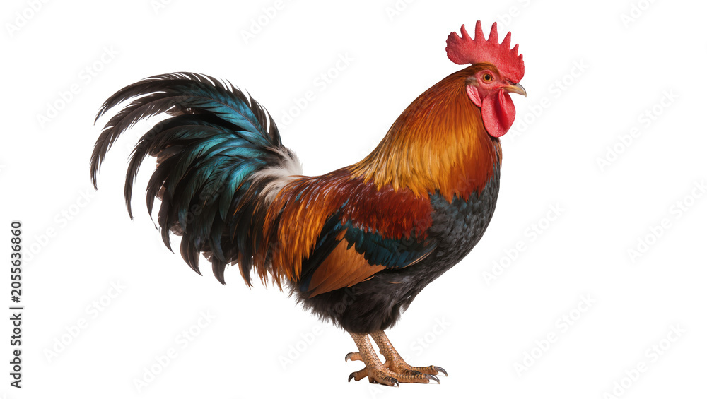 Fototapeta premium Colorful rooster with vibrant plumage, standing proudly isolated on transparent background