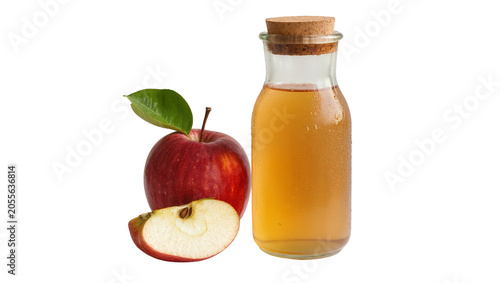 Obraz na plátně Red apple with slice and corked bottle of apple cider vinegar, isolated on trans