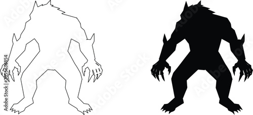 Vászonkép Fierce werewolf creature silhouette and outline icon set depicting mythical monster wolf character in vector line style