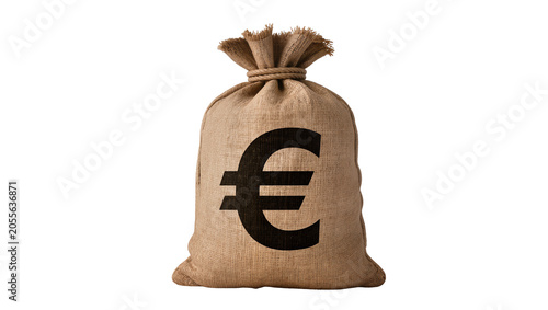 Konstfotografi Burlap money bag with euro symbol, isolated on transparent background