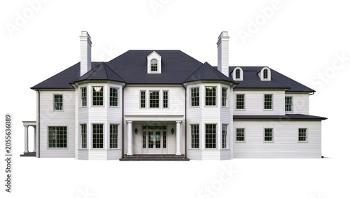 Grand white colonial mansion with dark roof and multiple windows, isolated on transparent background