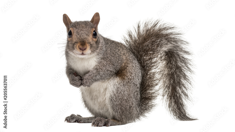Fototapeta premium Grey squirrel with fluffy tail sitting alert, isolated on transparent background