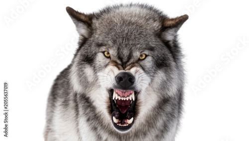 Schilderij op canvas Fierce grey wolf snarling with bared teeth, isolated on transparent background