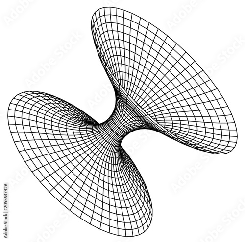 Bild auf Leinwand Black wireframe wormhole shape with curved grid lines, showing abstract geometry