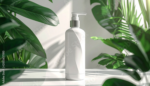 White bottle with dispenser among green leaves