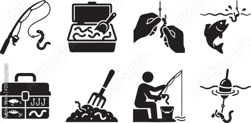 Photos Fishing gear icon collection featuring rods hooks and bait