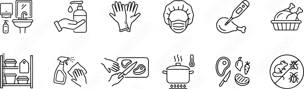 Fototapeta premium Food safety and kitchen hygiene icon set line art vector illustrations for restaurant sanitation and safety standards