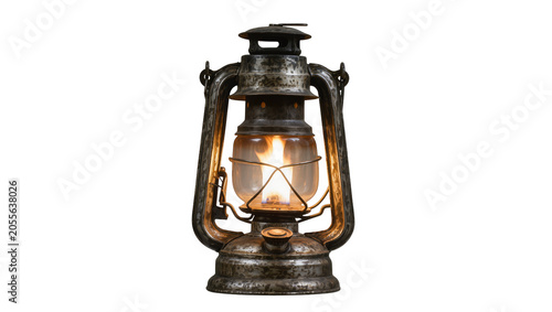 Konstfotografi Antique kerosene lantern with glowing flame, isolated on transparent background