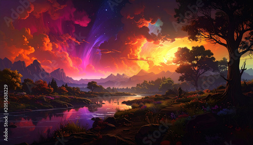 Vivid sunset landscape with river and trees