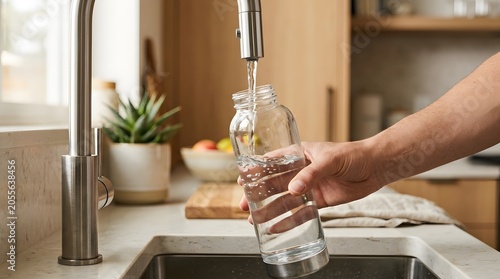 Person filling reusable water bottle in modern kitchen with natural light