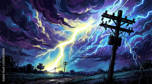 Lightning strike illuminating stormy sky over rural landscape with power pole
