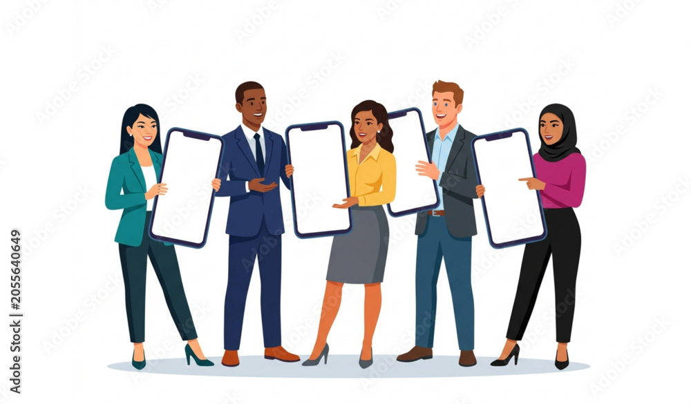 Obraz premium Business Team Presenting Oversized Smartphone Screen Mockups Vector Illustration