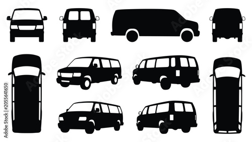 Tableau sur toile Minivan and Passenger Van Silhouette Set Multiple Views Front Side Top Rear Blac