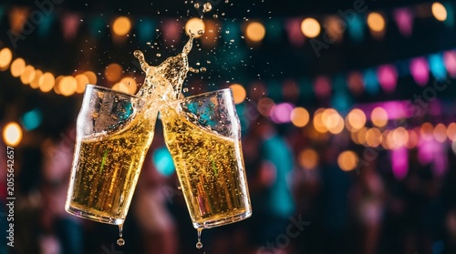 Two cider glasses clinking with dramatic splash at a festive summer party