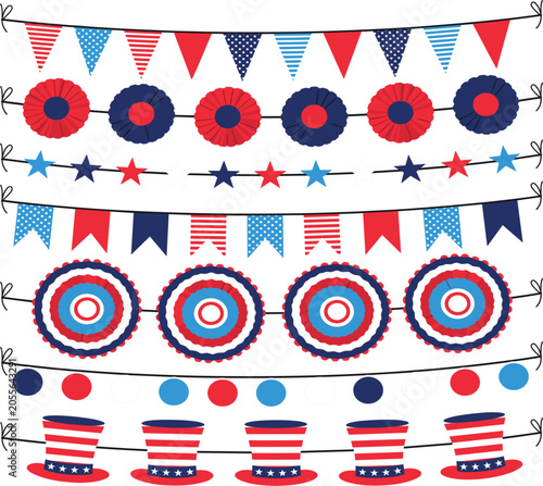Bild auf Leinwand Patriotic USA Party Decorations Set, Independence Day Bunting Garland Vector Col
