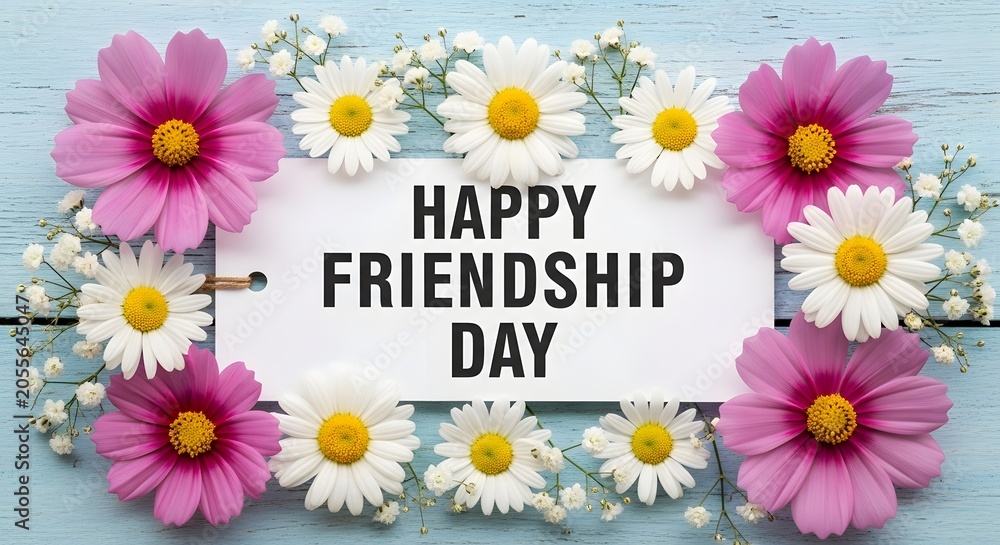 Obraz premium International friendship day floral arrangement daisies and cosmos on blue wood