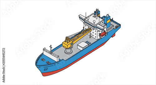 Schilderij op canvas Illustration of a blue cargo ship with a crane.