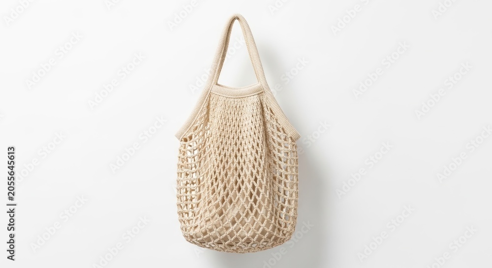 Fototapeta premium Beige knitted string shopping bag with inner lining isolated on white background
