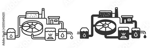 Industrial Water Treatment Plant Line and Solid Icons. Wastewater Purification and Filtration System Vector Illustration