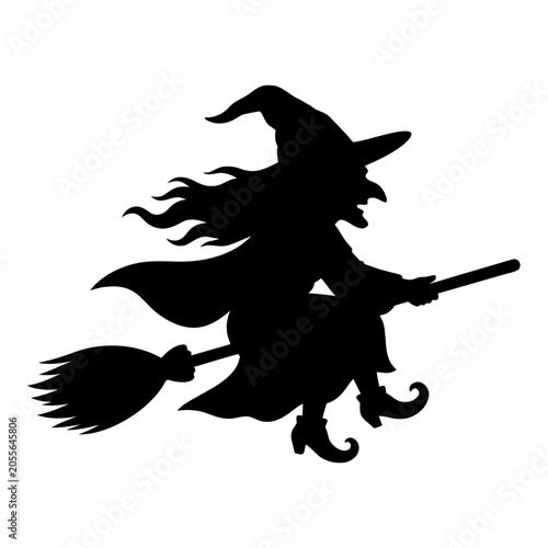 Black witch flying on broom silhouette isolated on transparent background, perfect for Halloween signs, spooky wall art, vinyl decals, and laser engraving