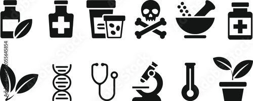 Collection of medical and scientific research icons representing healthcare biology and toxicology research
