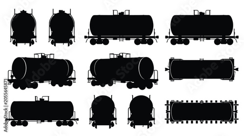 Foto Railway Tank Wagon Silhouette Set — Liquid Freight Rail Tanker Car Vector Icons