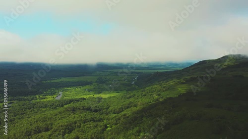 Aerial View Foggy Mountain Valley Grey Mist Low Visibility