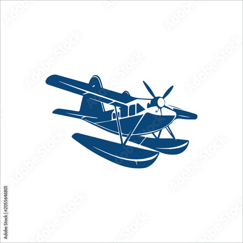Schilderij op canvas Seaplane Floatplane, Amphibious Propeller Aircraft Vector Icon